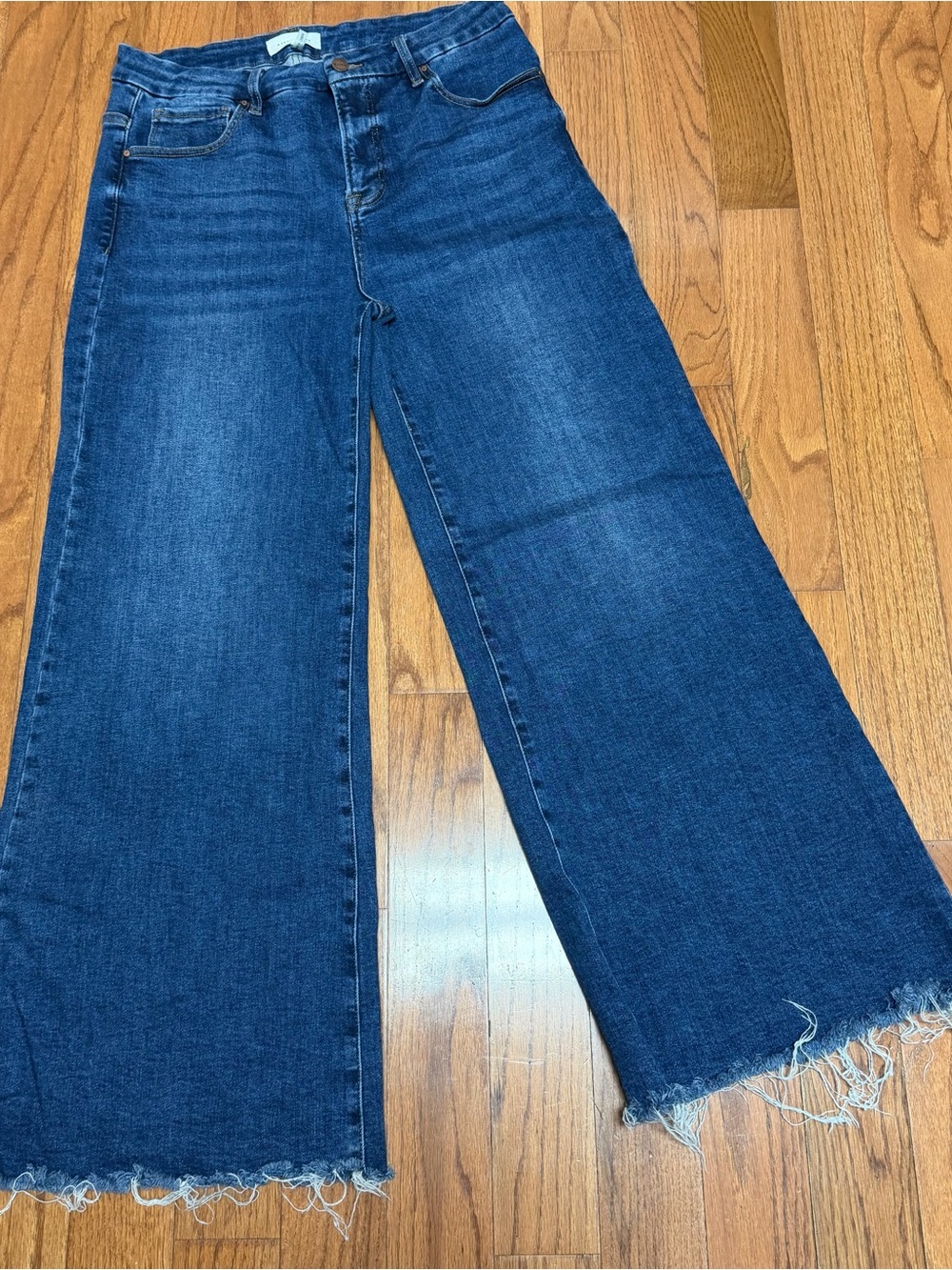 Risen Women’s High Rise Wide Leg Raw Frayed Hem Jeans Dark Blue Size 1XL